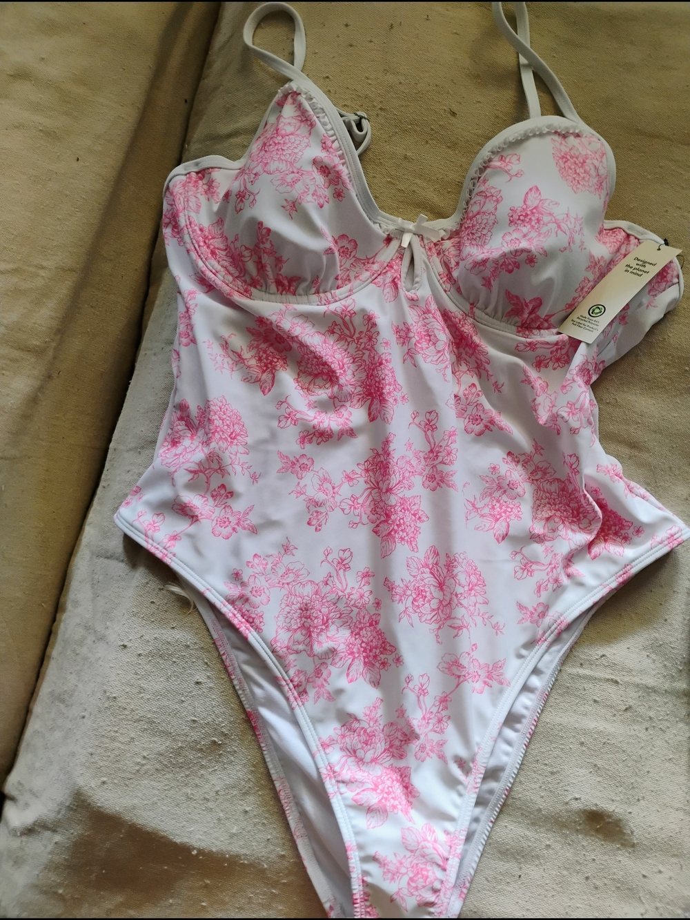 No Boundaries White One-Piece Swimsuit with Pink Floral Print